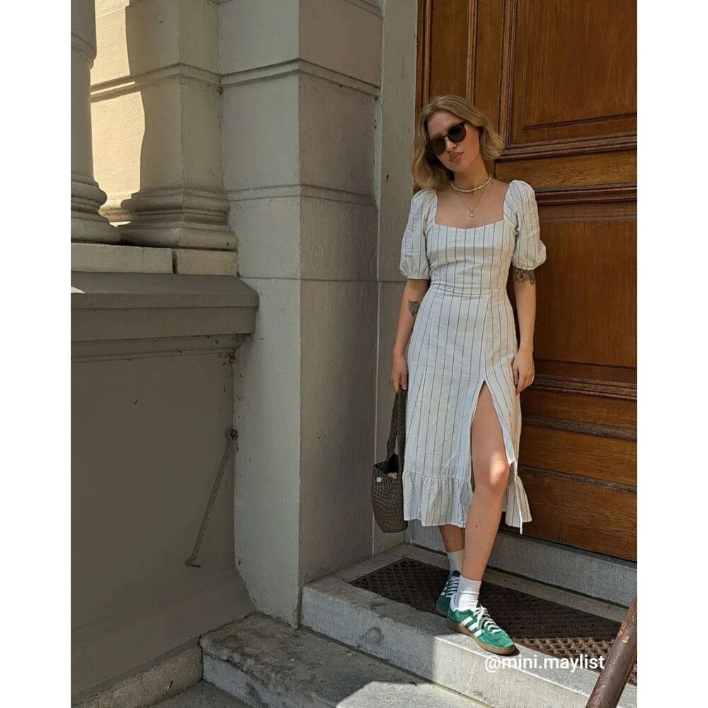 Rihoas Puff Sleeve Split Hem Pinstripe Midi Dress Small NWT